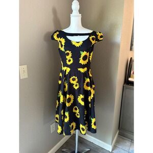Hearts & Roses Sunflower Print Fit and Flare Dress Black Yellow USA 10